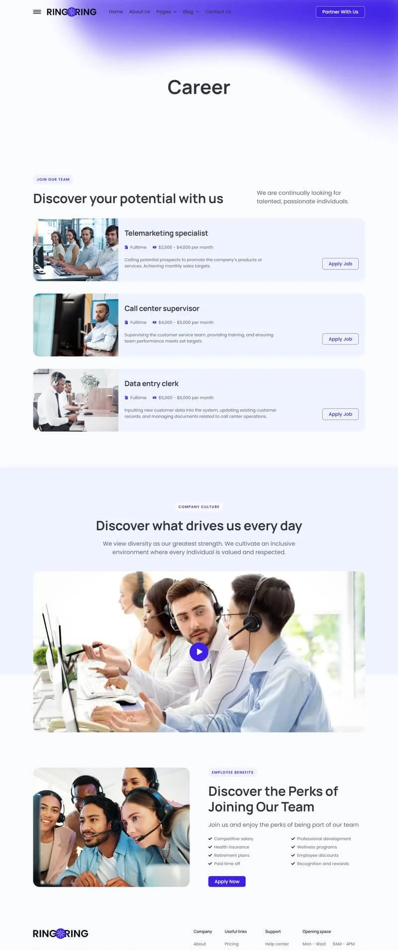 电话营销服务Elementor网站模板_一键导入快速建站插图7-WP资源海 服务/咨询 Elementor 模板招聘页面预览