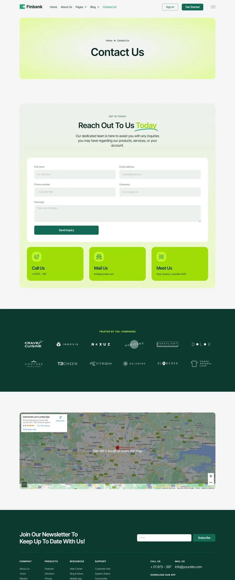 金融/投资 Elementor 模板联系页面预览