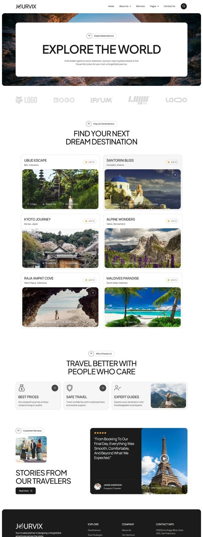户外/旅行 Elementor 模板目的地列表预览