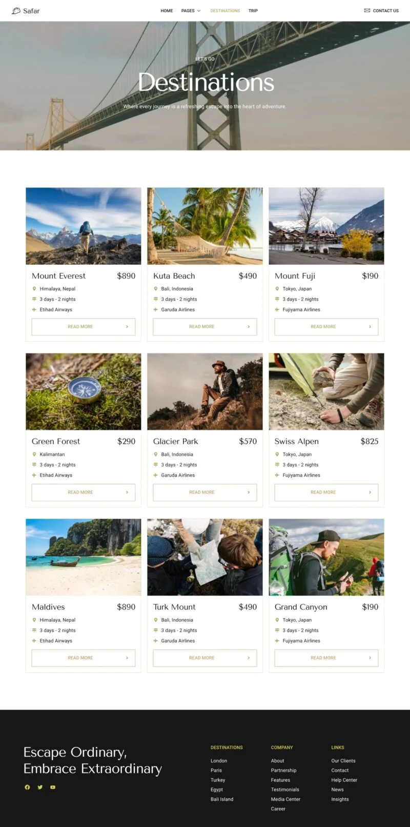 户外/旅行 Elementor 模板目的地列表预览