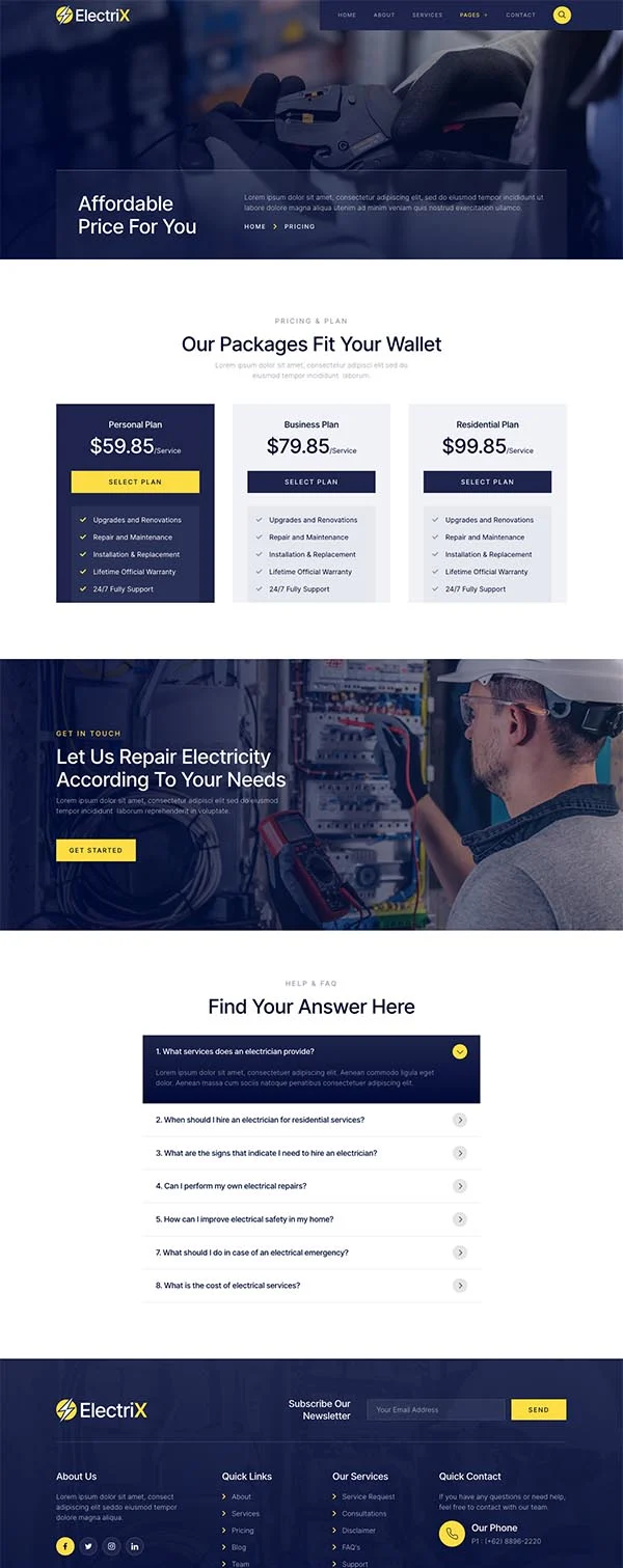 电气维修与电工服务公司Elementor网站模板_一键导入快速建站插图5-WP资源海 维修 Elementor 模板价格页面预览