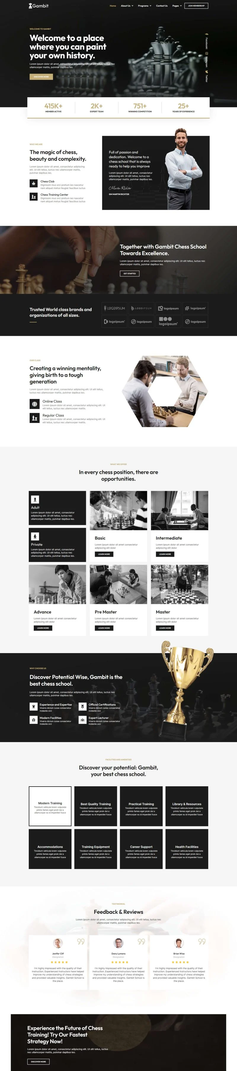 国际象棋俱乐部课程培训Elementor网站模板_一键导入快速建站插图1-WP资源海 教育/培训 Elementor 模板首页预览