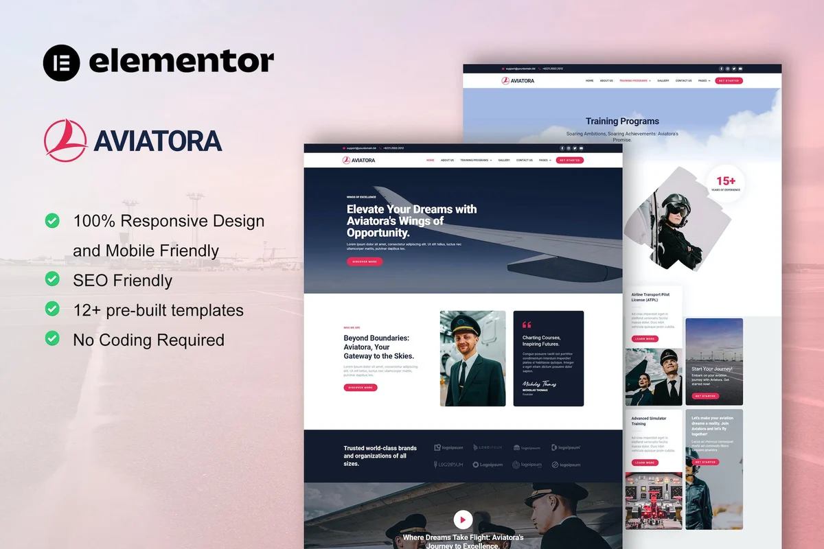 航空飞行学校Elementor网站模板_一键导入快速建站插图-WP资源海 学校 Elementor 网站模板封面