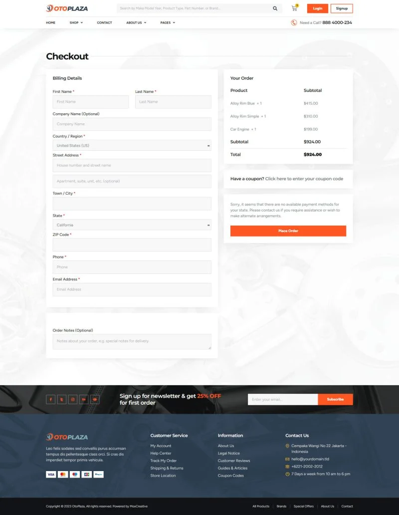 交通工具 Elementor 模板结账页面预览