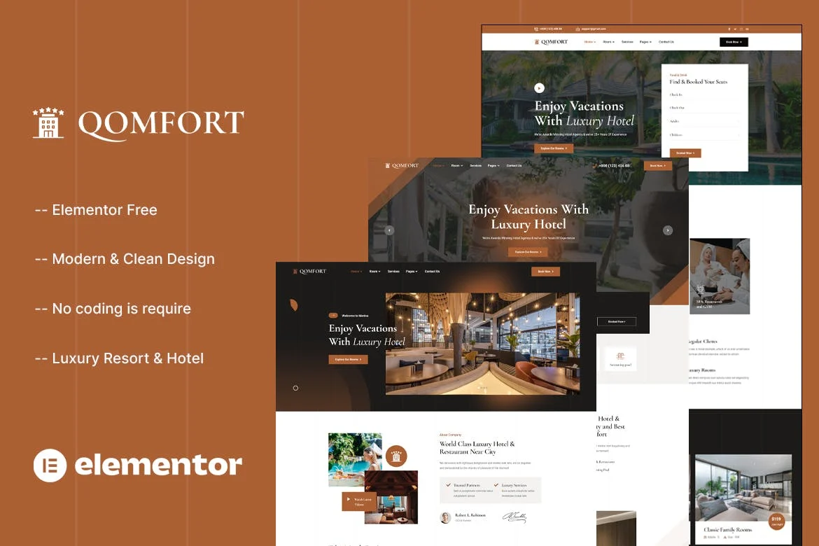 酒店客房展示Elementor网站模板_一键导入快速建站插图-WP资源海 旅馆/酒店 Elementor 网站模板封面