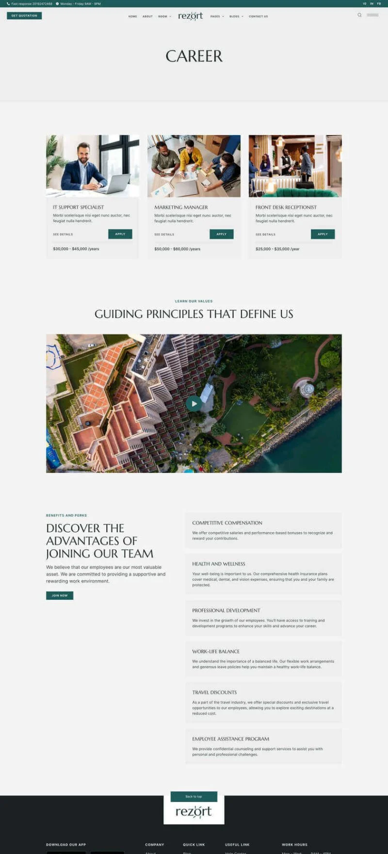 酒店度假村预订Elementor网站模板_一键导入快速建站插图5-WP资源海 旅馆/酒店 Elementor 模板招聘页面预览