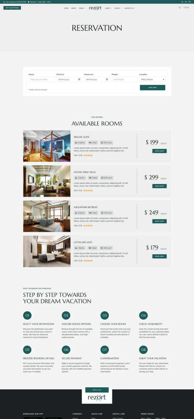 酒店度假村预订Elementor网站模板_一键导入快速建站插图7-WP资源海 旅馆/酒店 Elementor 模板预约页面预览