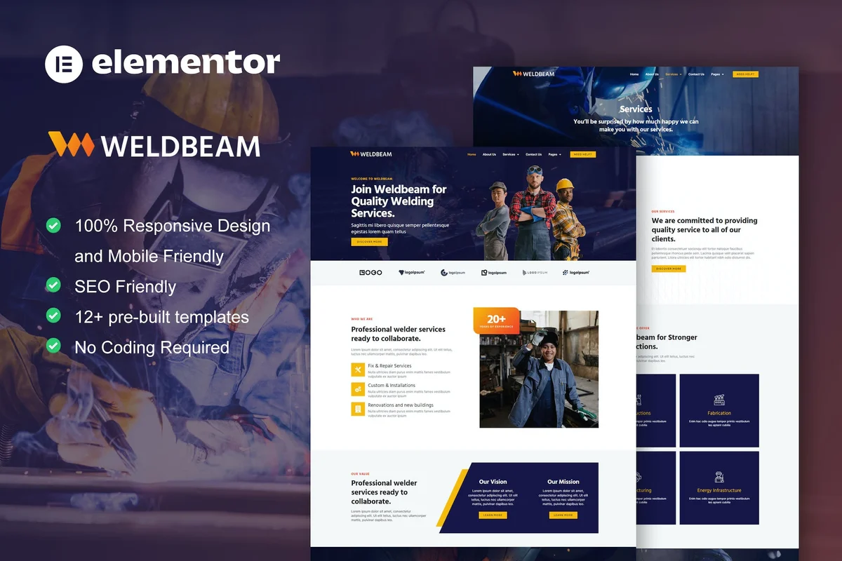 工业焊接服务Elementor网站模板_一键导入快速建站插图-WP资源海 工业/工厂 Elementor 网站模板封面