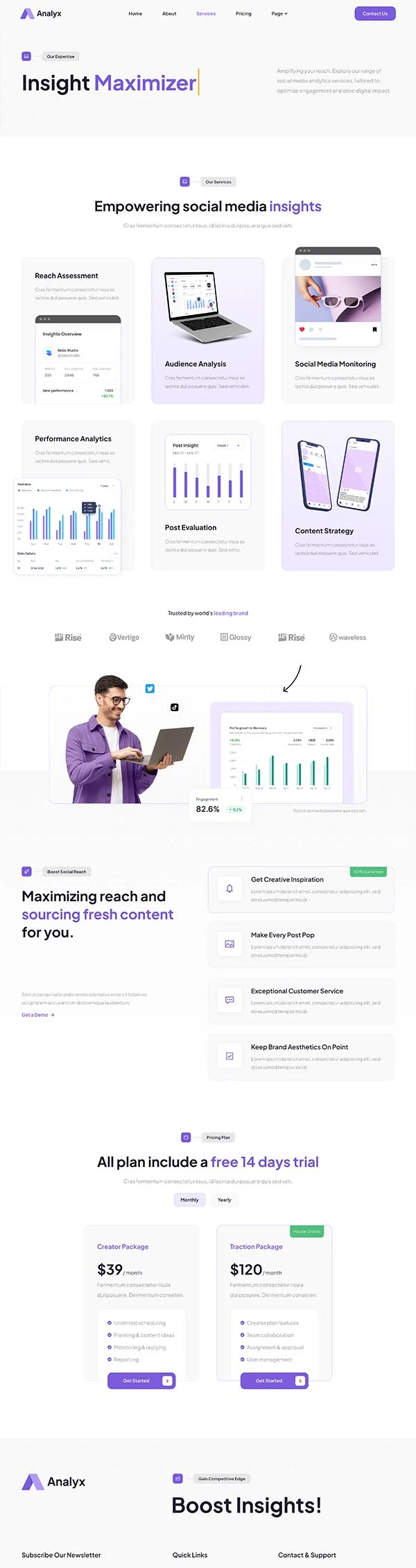 社交媒体分析 SaaS 公司Elementor网站模板_一键导入快速建站插图4-WP资源海 广告/营销 Elementor 模板服务页面预览