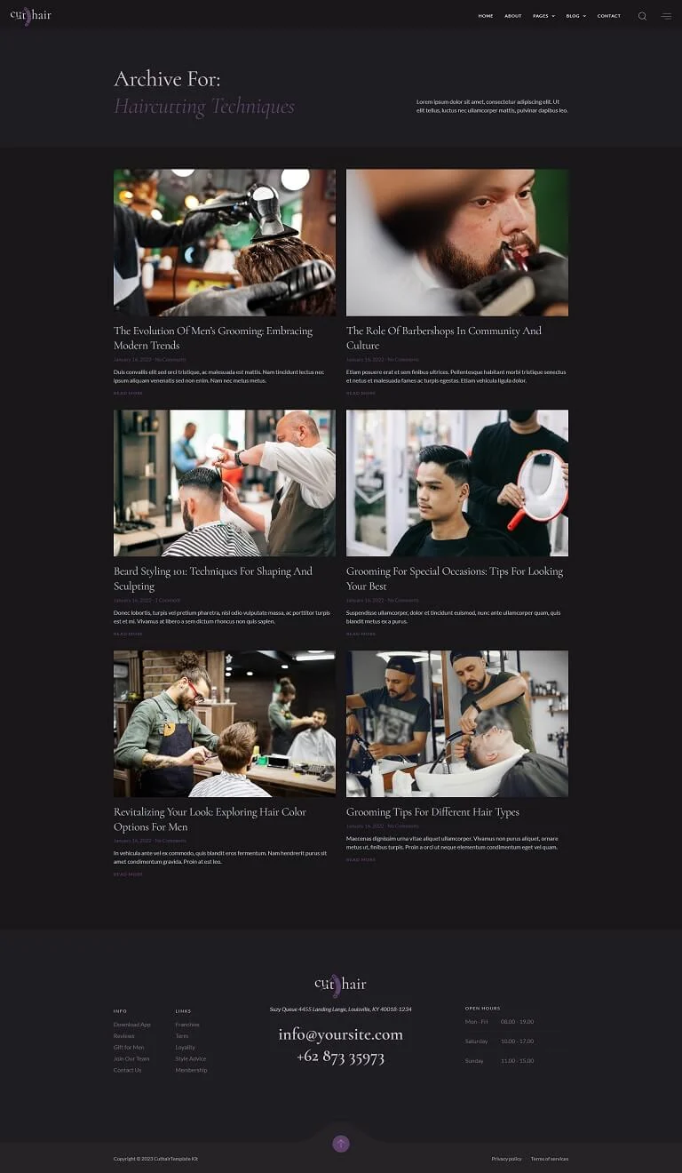 理发店与美发沙龙Elementor网站模板_一键导入快速建站插图3-WP资源海 美容/美发 Elementor 模板文章归档预览
