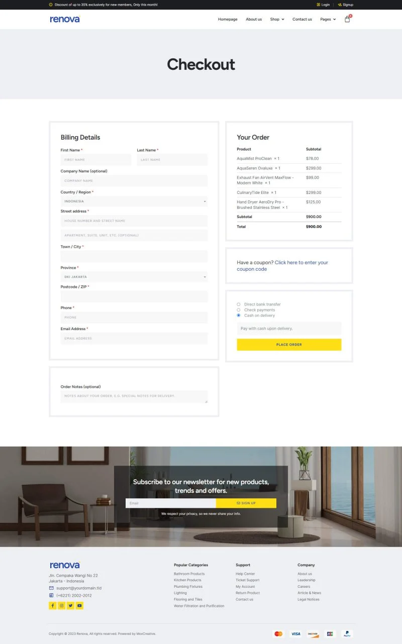 厨卫用品与装修建材门店Elementor网站模板_一键导入快速建站插图4-WP资源海 家居用品 Elementor 模板结账页面预览