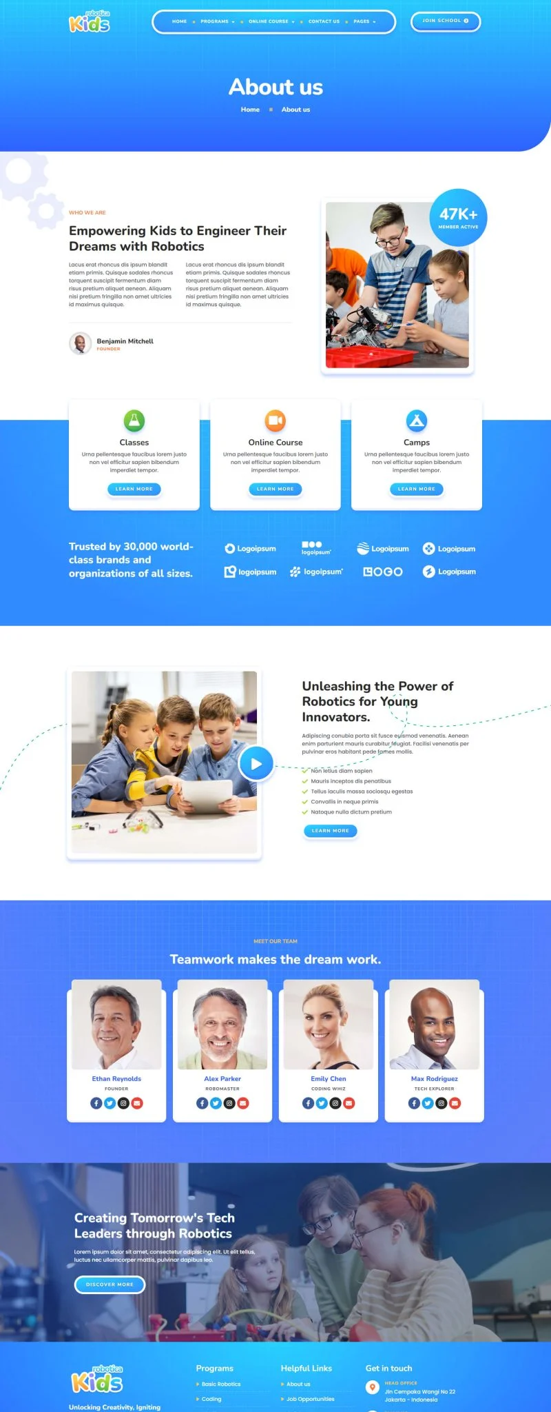 少儿机器人教育学校Elementor网站模板_一键导入快速建站插图6-WP资源海 学校 Elementor 模板关于我们预览