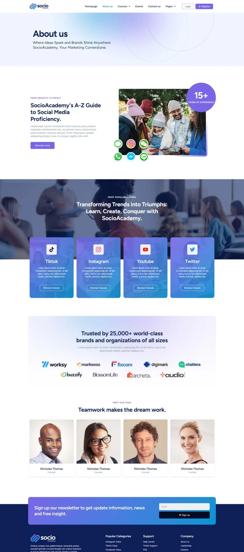 社交媒体管理在线课程Elementor网站模板_一键导入快速建站插图4-WP资源海 教育/培训 Elementor 模板关于我们预览