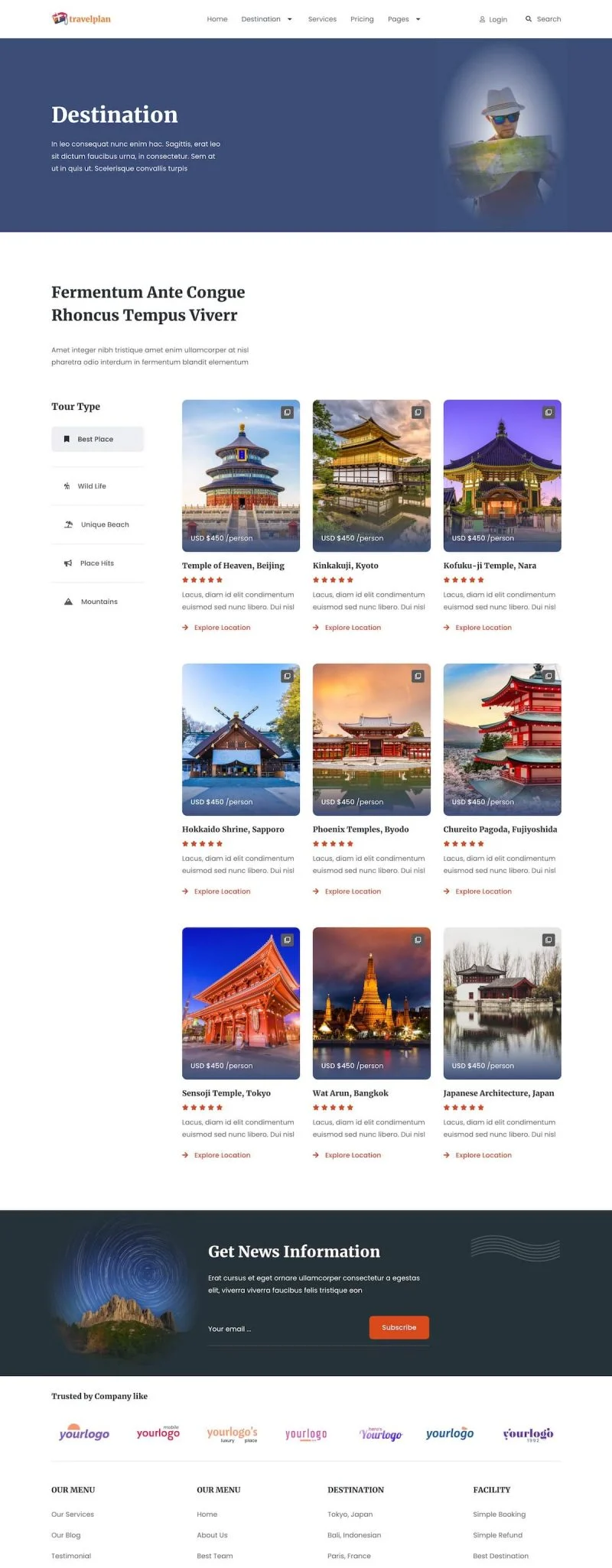 户外/旅行 Elementor 模板目的地列表预览