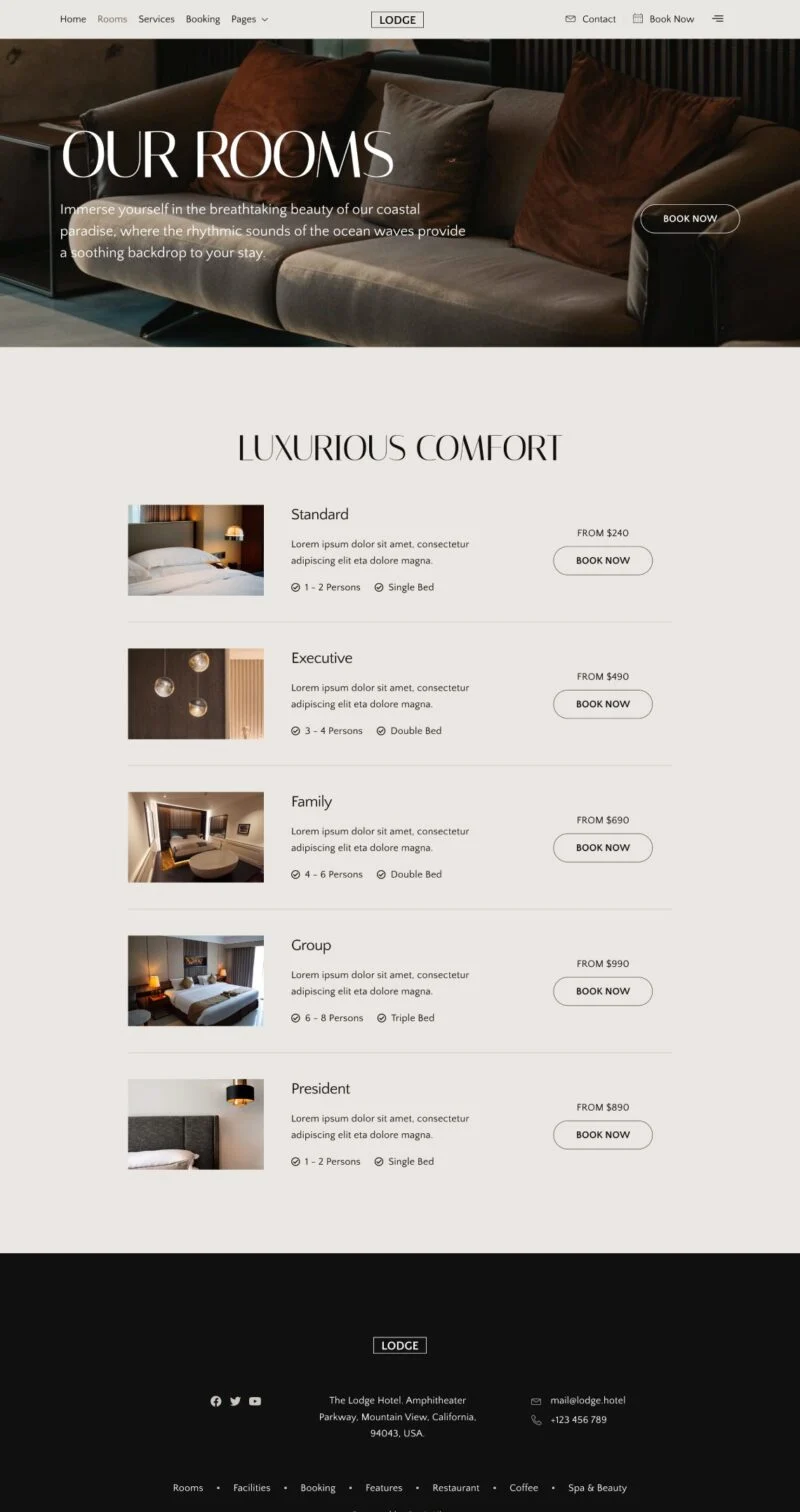 酒店与度假村官网Elementor网站模板_一键导入快速建站插图2-WP资源海 旅馆/酒店 Elementor 模板房间列表预览