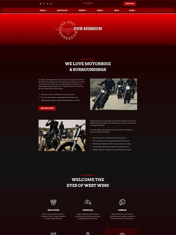 摩托车骑行俱乐部Elementor网站模板_一键导入快速建站插图4-WP资源海 交通工具 Elementor 模板使命介绍页面预览