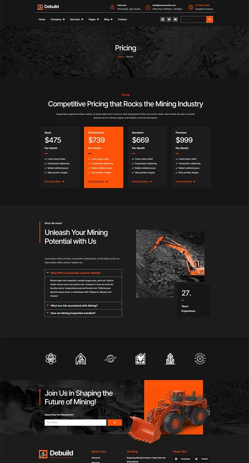 采矿与矿业Elementor网站模板_一键导入快速建站插图7-WP资源海 工业/工厂 Elementor 模板价格页面预览