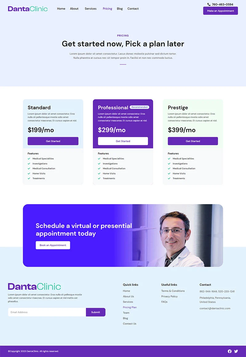 健康/医药 Elementor 模板价格页面预览