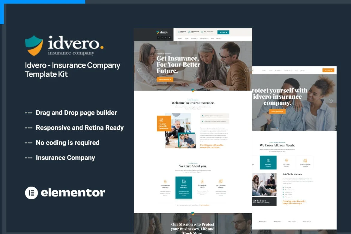 保险机构官网Elementor网站模板_一键导入快速建站插图-WP资源海 企业 Elementor 网站模板封面
