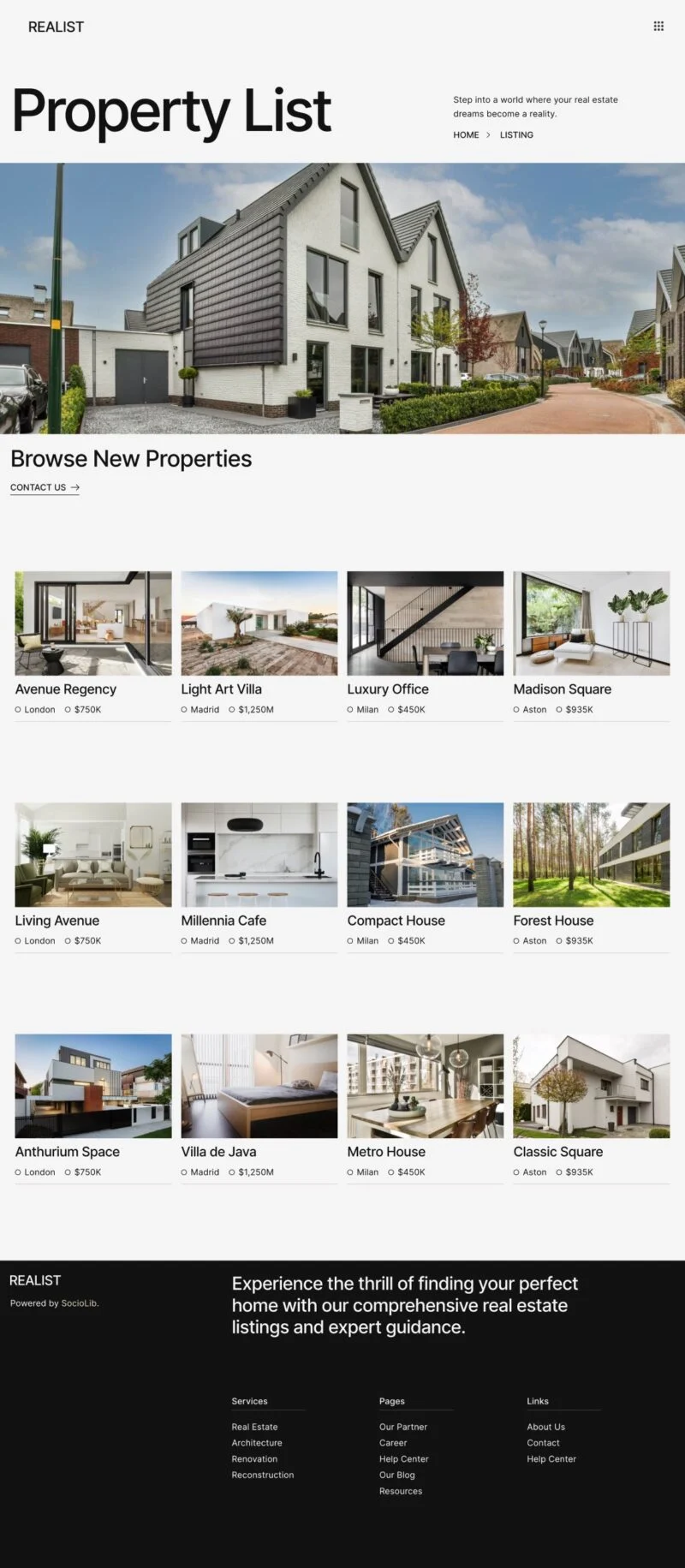 住宅与商业房源展示Elementor网站模板_一键导入快速建站插图2-WP资源海 建筑/地产 Elementor 模板房源列表预览