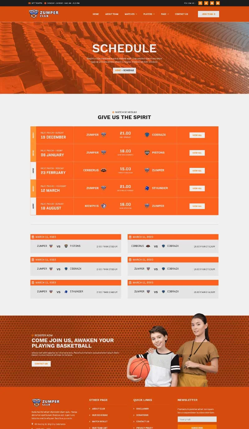 篮球俱乐部与篮球培训Elementor网站模板_一键导入快速建站插图4-WP资源海 教育/培训 Elementor 模板赛程安排预览