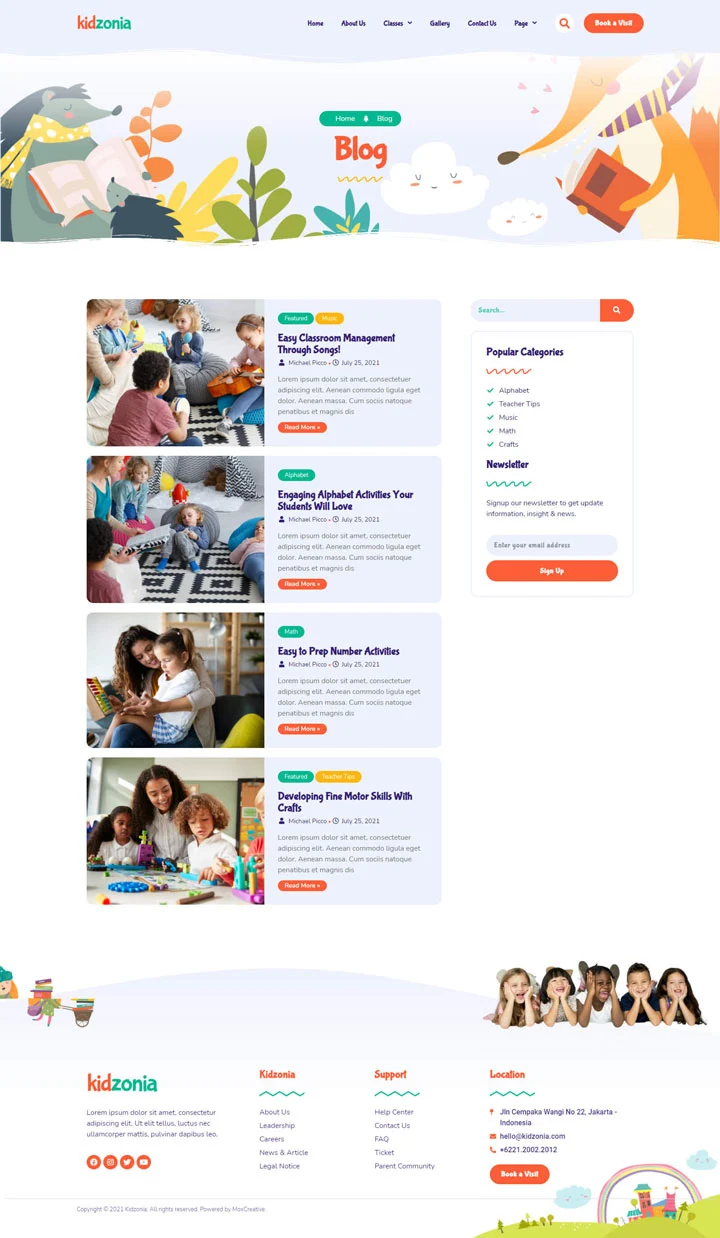 幼儿园与儿童照护Elementor网站模板_一键导入快速建站插图6-WP资源海 学校 Elementor 模板博客页面预览
