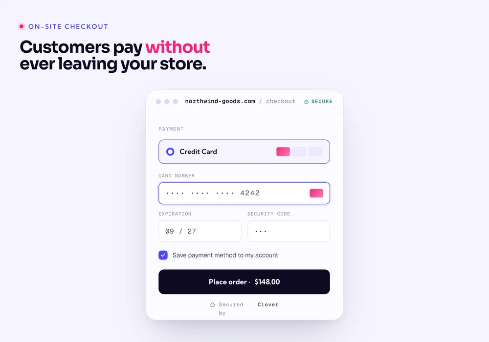 Clover Gateway for WooCommerce 信用卡支付网关 WordPress 插件插图-WP资源海 The Clover credit card payment form on a WooCommerce checkout with a save-card option