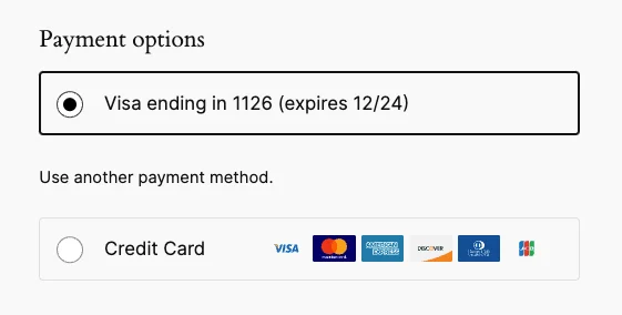 Clover Gateway for WooCommerce 信用卡支付网关 WordPress 插件插图1-WP资源海 An example of a saved payment method in Clover for WooCommerce