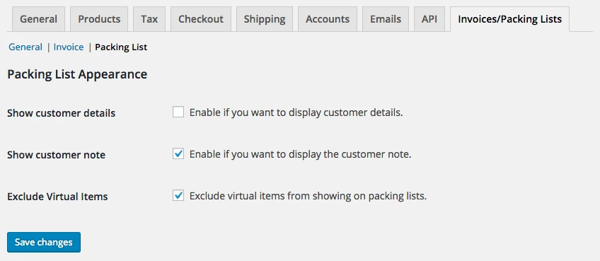 Print Invoices and Packing Lists for WooCommerce 订单文档生成 WordPress 插件插图1-WP资源海 WooCommerce Print Invoices / Packing Lists packing list settings