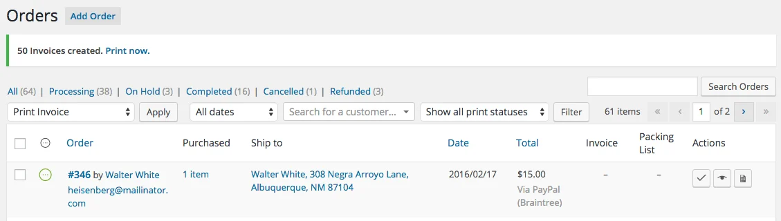Print Invoices and Packing Lists for WooCommerce 订单文档生成 WordPress 插件插图2-WP资源海 WooCommerce Print Invoices / Packing Lists bulk action done